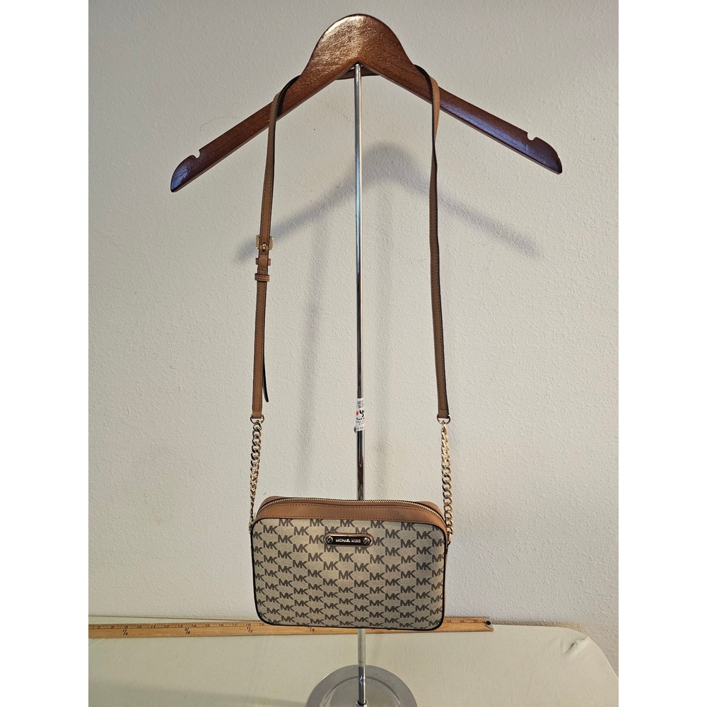 Michael Kors Small Jet Set Crossbody Bag Tan Monogram Canvas Gold Chain Strap